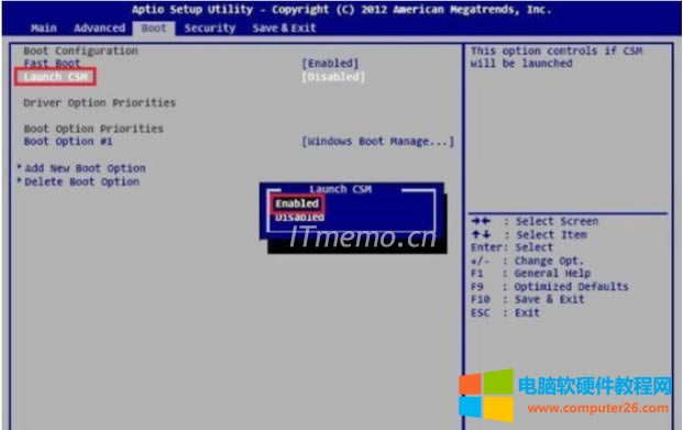 a、開(kāi)機(jī)按 F2鍵進(jìn)入BIOS界面后,通過(guò)方向鍵選擇【Boot】--Launch CSM --選擇 Enabled